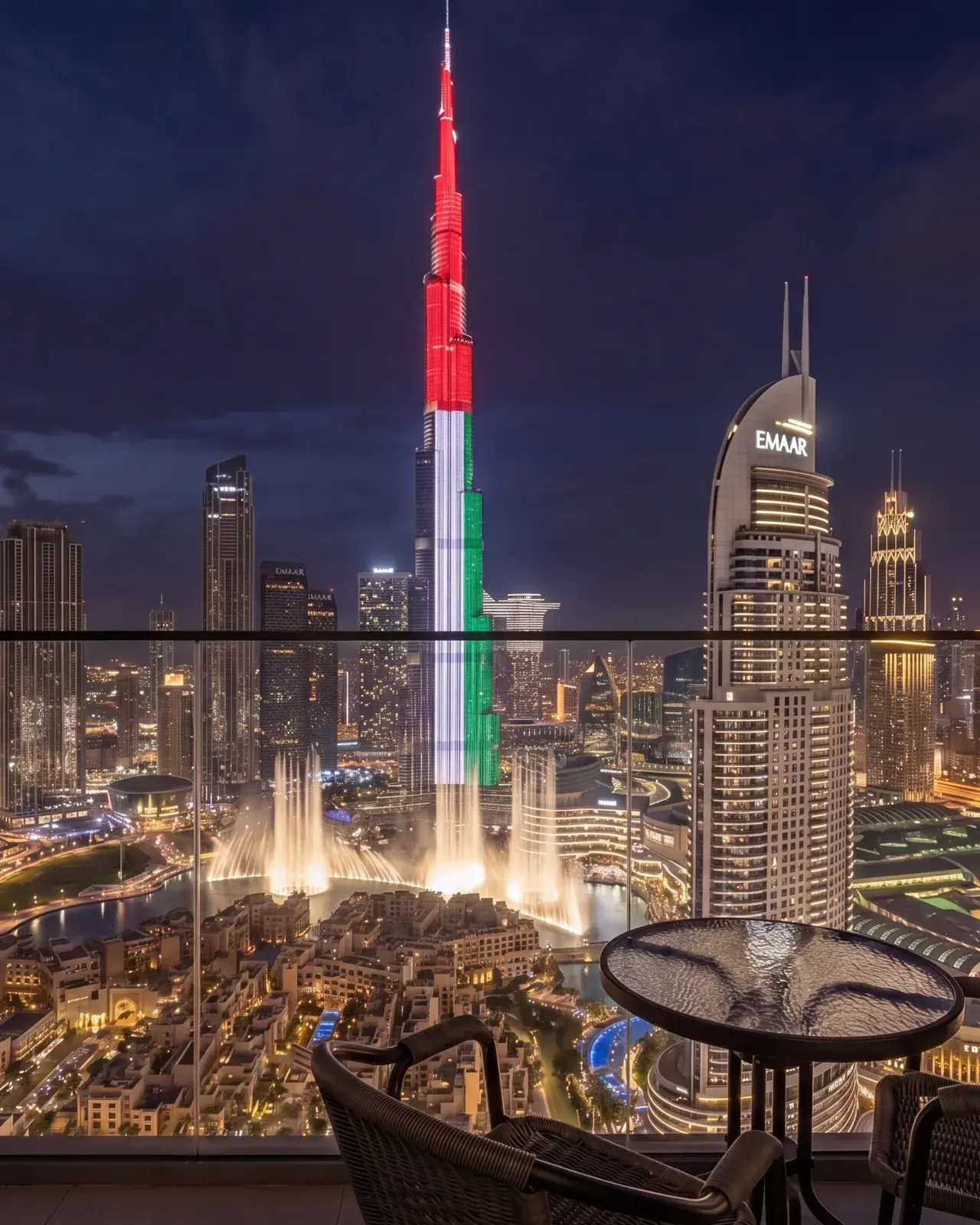 Downtown Dubai at night — the Burj Khalifa and Dubai Fountain viewed from a Burj Royale residence